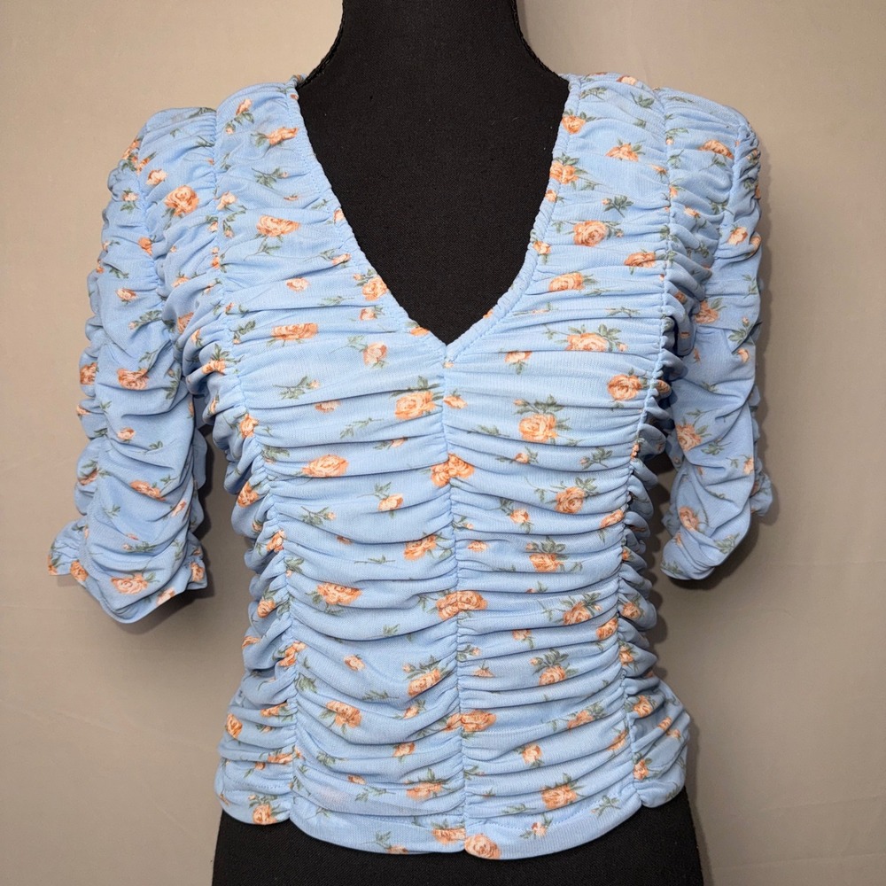 Zara Light Blue Floral Ruched V-Neck Top